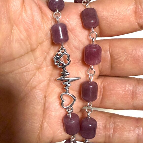 Genuine Magenta Chalcedony Short Necklace, Gemstone & Paw Print Heart Beat Charm - Picture 14 of 14